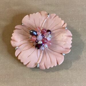 0096 Ann Taylor Carved Pink Acrylic Cluster Bead Flower Brooch EUC